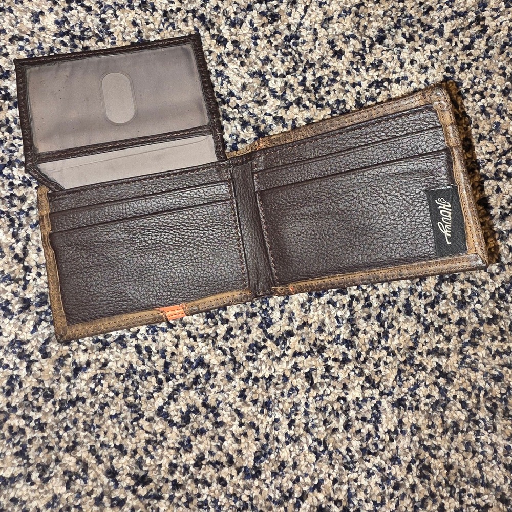 Hooey Men's Distressed Leather Bifold Wallet - Brown & Bright Orange Logo - Picture 3 of 6
